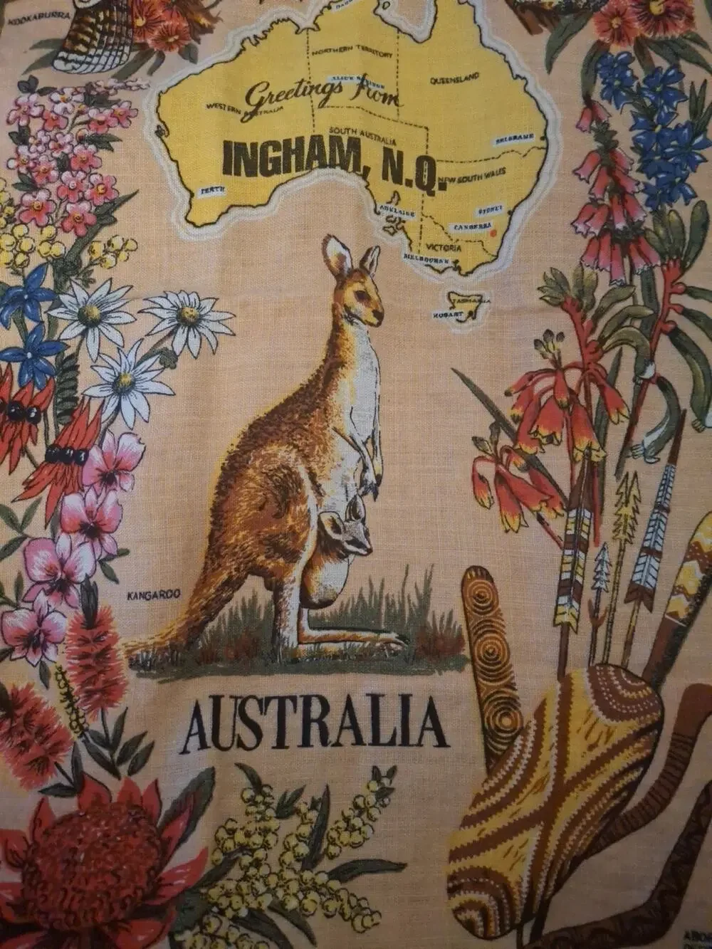 Australian, Hand Painted, Tea Towel Made In POLAND Signed Neil Pure Linen Vtg.